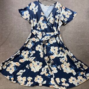 PINUP FASHION Navy Floral Wrap Midi Dress Plus Size 20W Flutter Sleeve Tie Waist